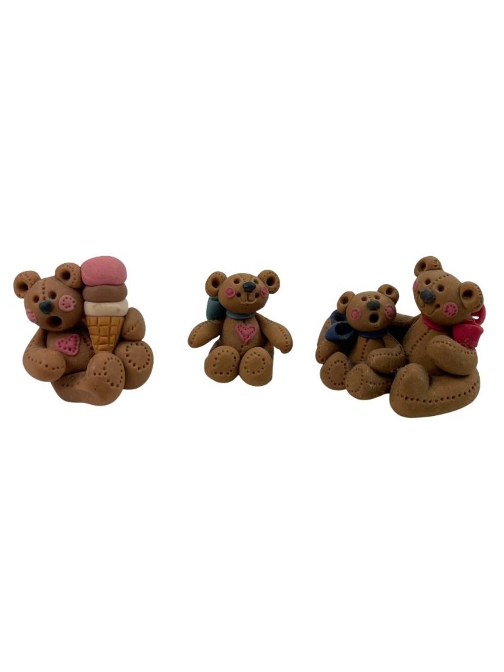 Vintage Handmade Set of 3 Polymer Clay Brown Bear Miniature Figurines